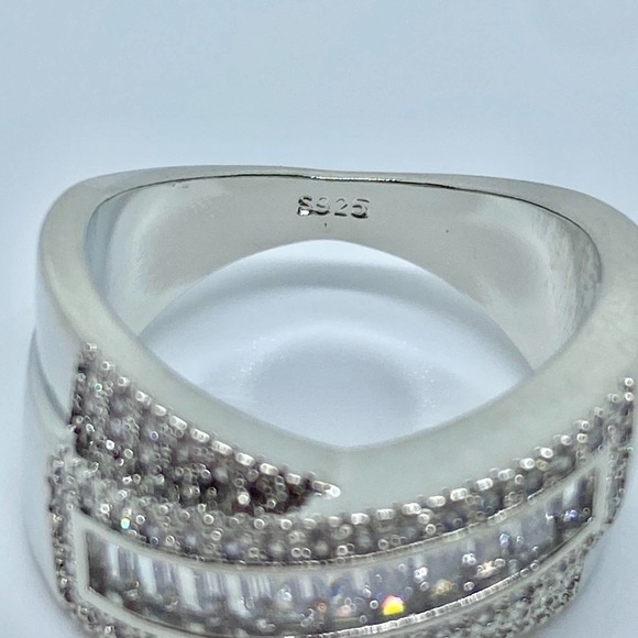 Silver Criss Cross Baguette Diamond Semi Wide Band Ring - Picture 6 of 11